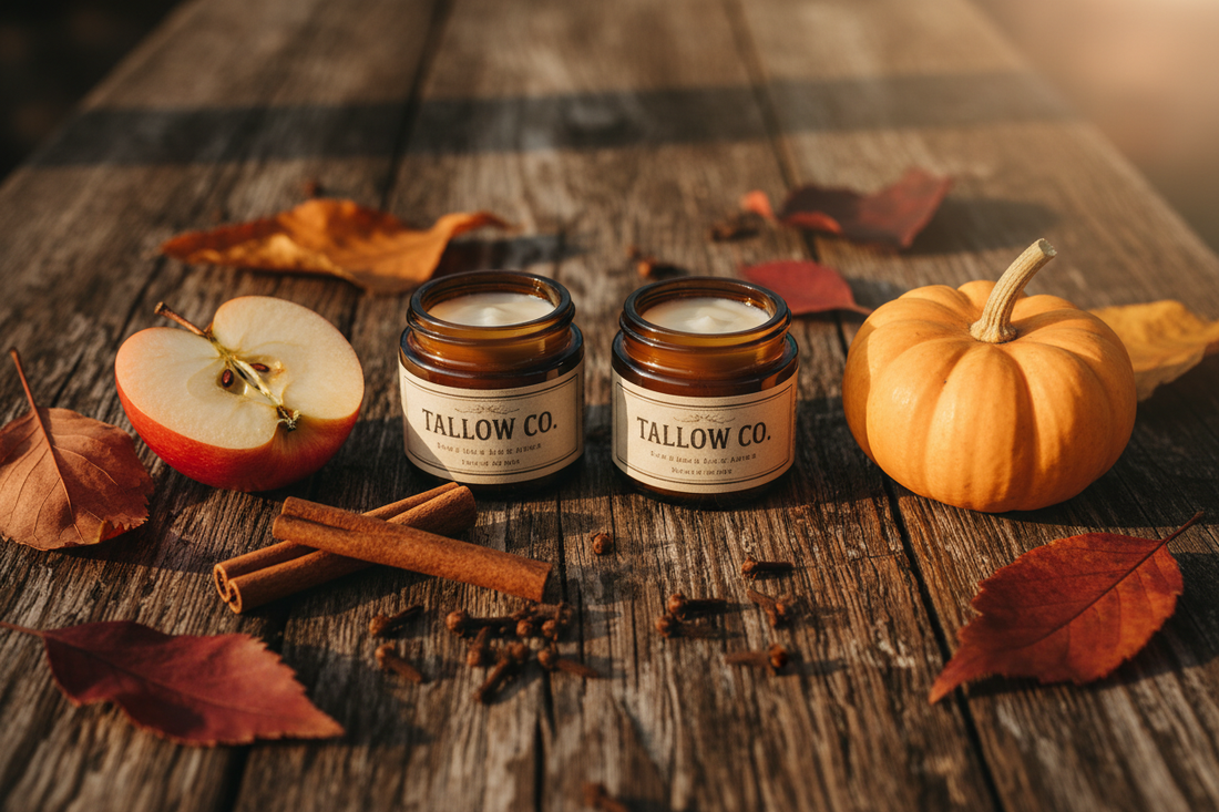 Two jars of grass-fed tallow balm surrounded by pumpkin, cloves, apple, and cinnamon sticks — fall skincare from Hightower Tallow Co.