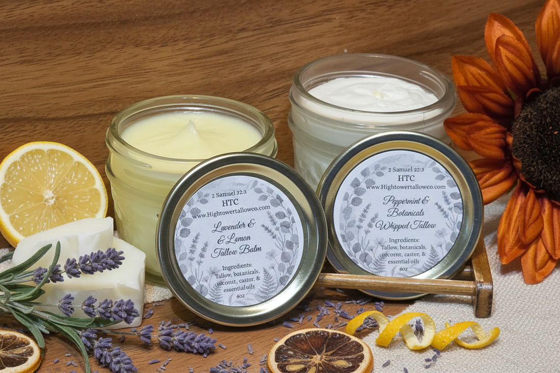 Hightower Tallow Co. tallow balm and whipped tallow cream side by side with lavender and lemon botanicals