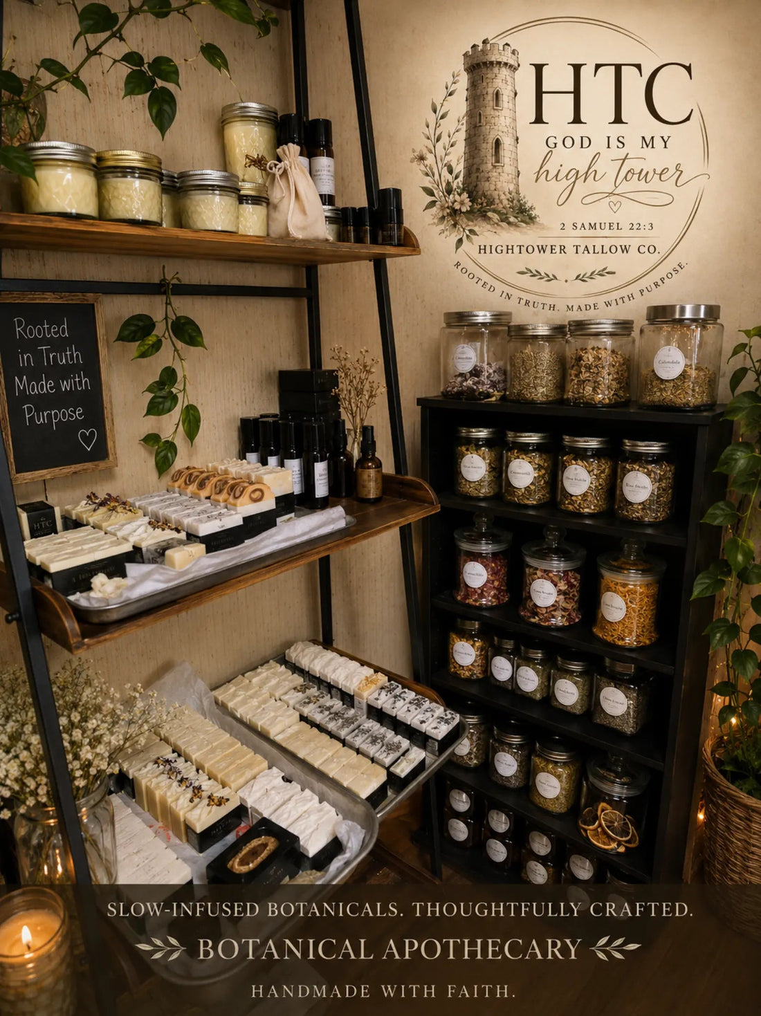 Hightower Tallow Co. botanical apothecary display with handcrafted soaps, tallow creams, and botanical ingredient jars