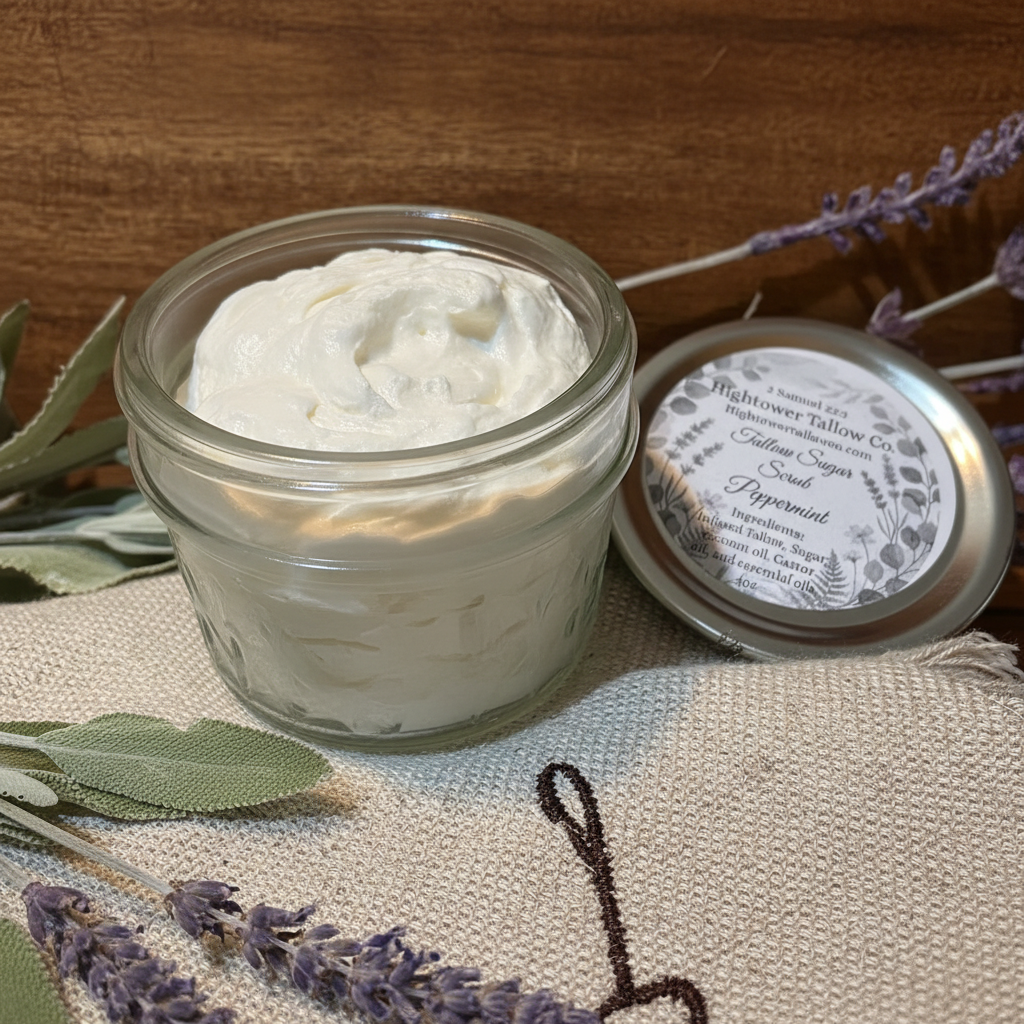 Hightower Tallow Co. Peppermint Tallow Sugar Scrub in an open glass mason jar with botanical label, styled with dried lavender and sage on linen and wood