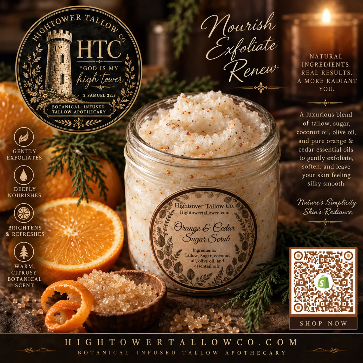 Orange & Cedar Tallow Sugar Scrub | Exfoliating Grass-Fed Tallow Body Scrub